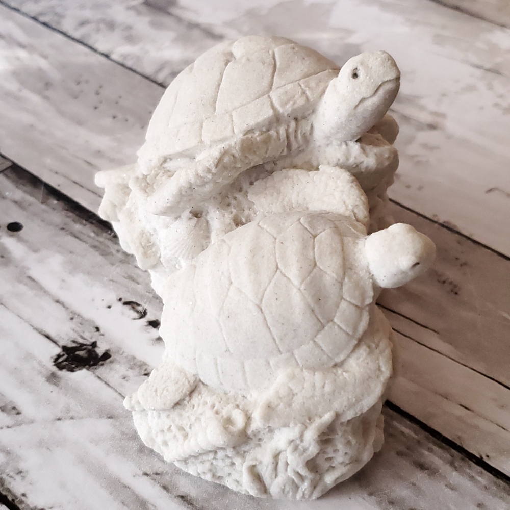 Sand-Deco SandStone Figure Of 2 Sea Turtles On Coral And Sea Shells